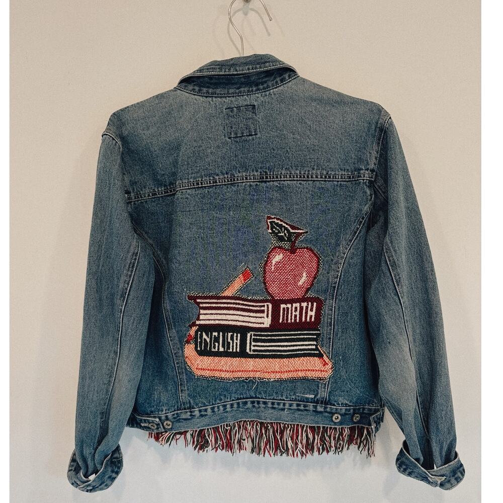 Teacher Denim Jacket | Upcycled Quilt Jacket | Apple & Books Jacket